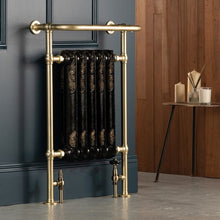 Load image into Gallery viewer, Arroll Cast Iron Towel Radiator, Decorative 1 Column Cast Iron Towel Radiator - 675x965mm Black & Silver Brushed Brass Rail
