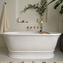 Load image into Gallery viewer, BC Designs Bampton Cian Freestanding Bath, Roll Top Boat Bath, Polished White - 1555x740mm