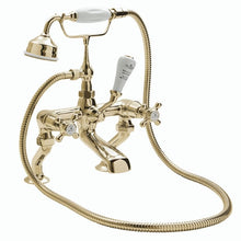Load image into Gallery viewer, BC Designs Victrion Crosshead Deck Mounted Bath Shower Mixer 1/4 Turn Ceramic Discs CTA020G Polished Gold