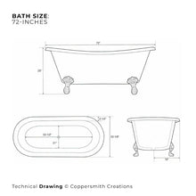Load image into Gallery viewer, Coppersmith Creations Clawfoot Copper Bath, Roll Top Blue-Green Patina Copper Bathtub - 1830x815mm