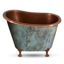 Load image into Gallery viewer, Coppersmith Creations Clawfoot Soaking Copper Bath, Roll Top Hammered Blue-Green Patina Copper Soaking Bathtub - 1245x795mm