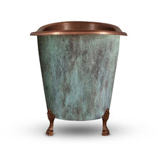 Load image into Gallery viewer, Coppersmith Creations Clawfoot Soaking Copper Bath, Roll Top Hammered Blue-Green Patina Copper Soaking Bathtub - 1245x795mm