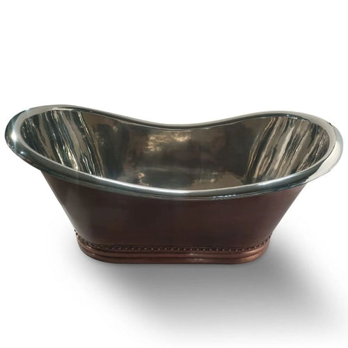 Coppersmith Creations Double Slipper Antique Copper-Nickel Bath, Roll Top Ribbed Base Copper-Nickel Bathtub - 1680x815mm