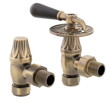 Load image into Gallery viewer, Arroll UK-14 Manual Angled Radiator Valve, Black Wooden Throttle Lever - 130x145mm Brushed Brass
