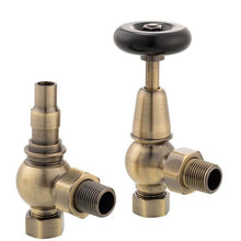 Load image into Gallery viewer, Arroll UK-20 Manual Angled Radiator Valve, Black Wooden Wheel Head - 132x92mm Brushed Brass
