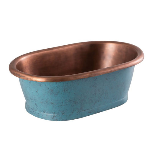 BC Designs Patina Blue Copper Basin, Roll Top Patina Copper Bathroom Wash Basin - 530x345mm