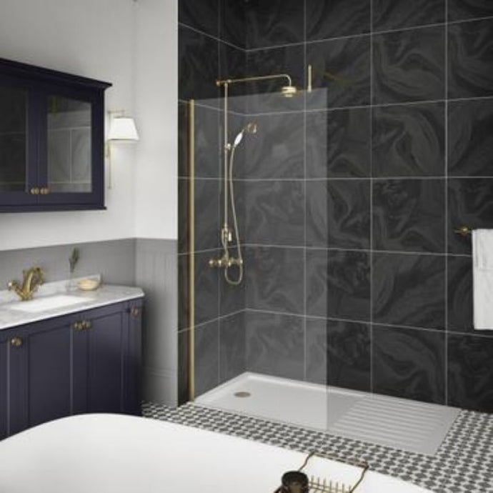 Hudson Reed Brushed Brass Wetroom Screen, Shower Screen With Brass Arms, Feet & Support Bar - 1950x800mm
