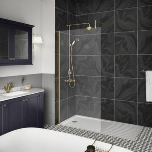 Hudson Reed Brushed Brass Wetroom Screen, Shower Screen With Brass Arms, Feet & Support Bar - 1950x700mm