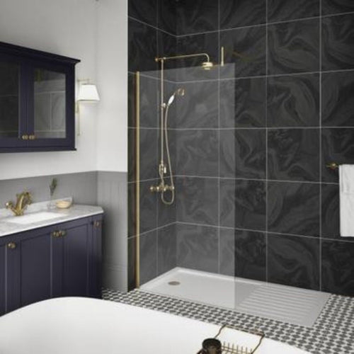Hudson Reed Brushed Brass Wetroom Screen, Shower Screen With Brass Arms, Feet & Support Bar - 1950x900mm