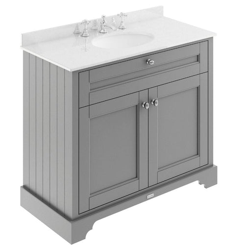 Hudson Reed Old London Bathroom Cabinet Vanity Unit & 3TH Marble Top Bathroom Basin, Storm Grey - 1000x890mm White Marble LOF280