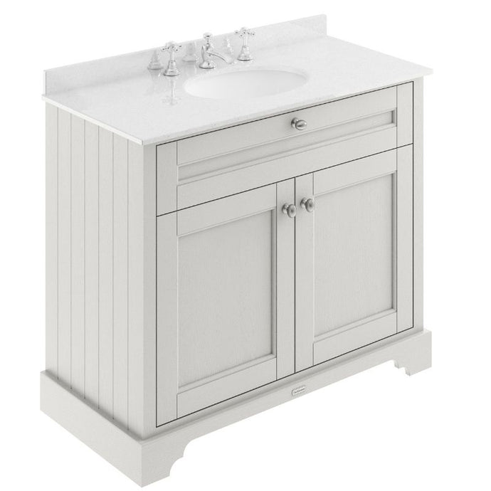 Hudson Reed Old London Bathroom Cabinet Vanity Unit & 3TH Marble Top Bathroom Basin, Timeless Sand - 1000x890mm White Marble LOF480