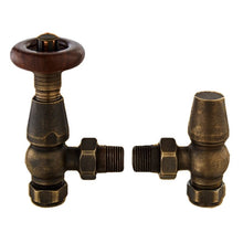 Load image into Gallery viewer, Hudson Reed Old London Camden Thermostatic Angled Radiator Valve, Wooden Wheel Head TRV- 131x55mm Antique Brass RV201
