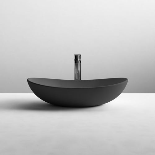 Nuie Curved Vessel Countertop Ceramic Bathroom Basin - 615x360mm, Matt Black