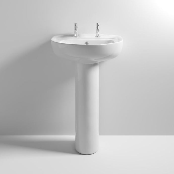 Nuie Melbourne 2TH Large Ceramic Bathroom Wash Basin & Pedestal - 845x555mm