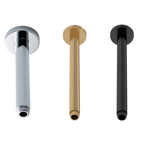 Nuie Round Ceiling Mounted Shower Arm - 300mm, Brushed Brass, Matt Black, Polished Chrome