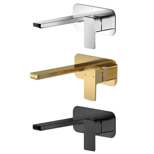 Nuie Windon Concealed Bathroom Basin Tap Mixer, Wall-Mounted Spout & Lever With Plate Brushed Brass WIN828 Matt Black WIN428 Polished Chrome WIN328